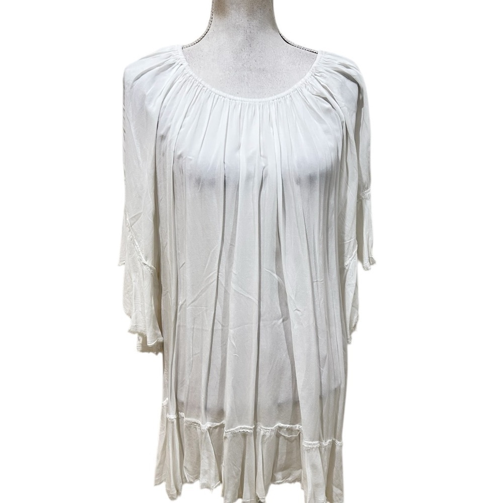 Elan white sheer flowy boho peasant dress  elastic neckline bell sleeve one size